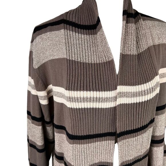 Striped Cotton Knit Open Front Cardigan Size XL Petite St John’s Bay Taupe Black - Picture 7 of 13